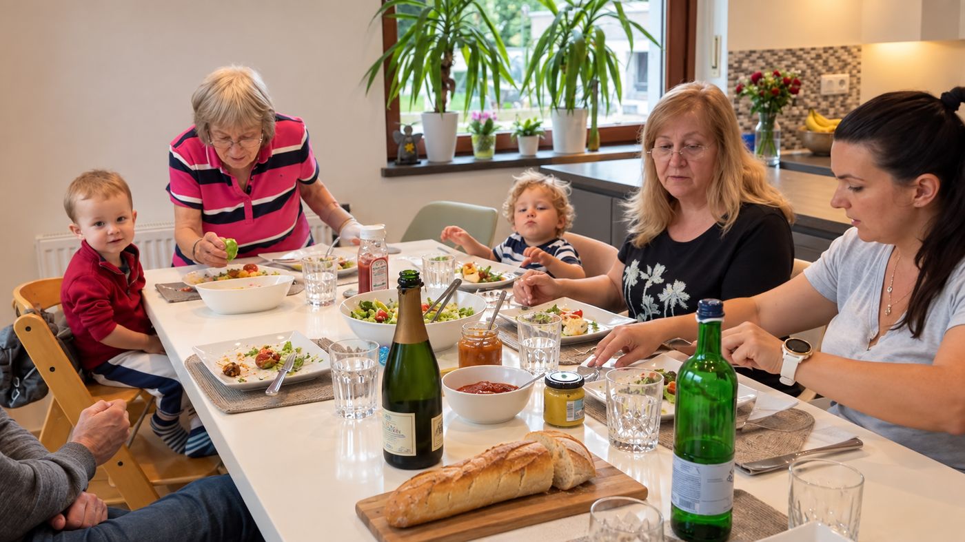 Familie am gedeckten Küchentisch – mehrere Generationen essen und reden miteinander