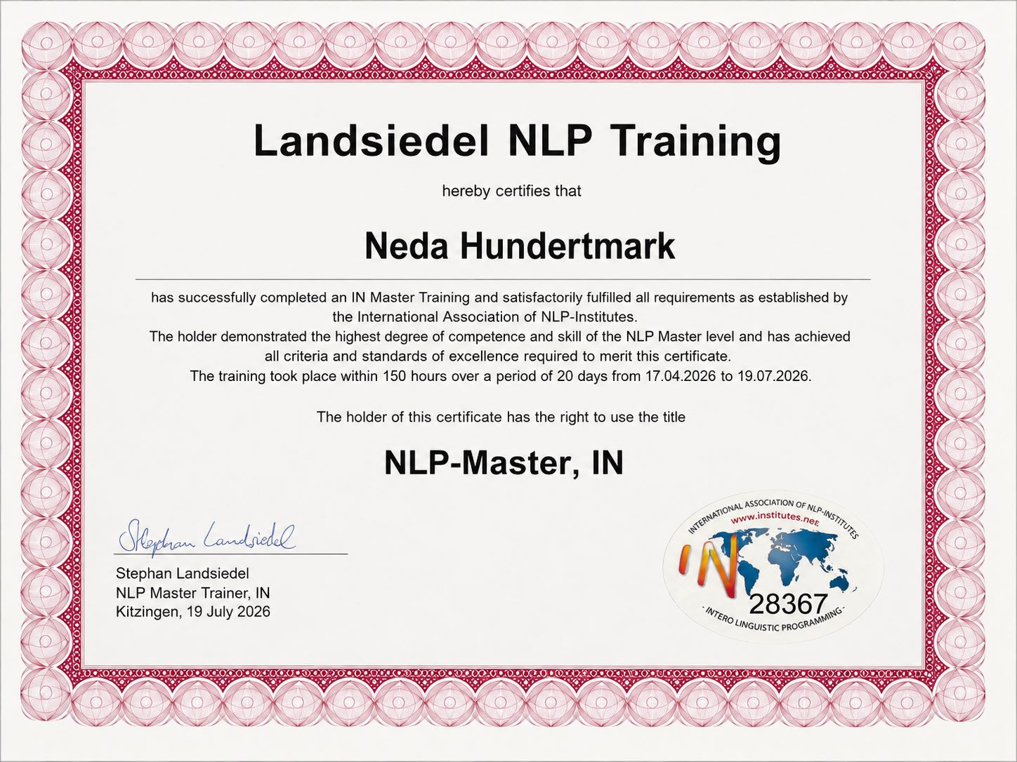 Zertifikat NLP-Master von Landsiedel NLP Training, ausgestellt für Neda Hundertmark
